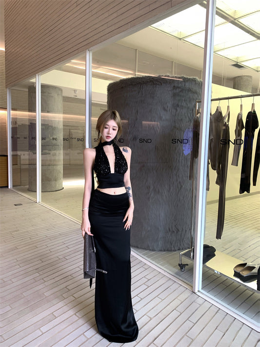 New Fashion Sheath Halter Neck 2-Piece Set Maxi Dress Sexy Cutout Sequinis Backless Black Long Dress AP3308