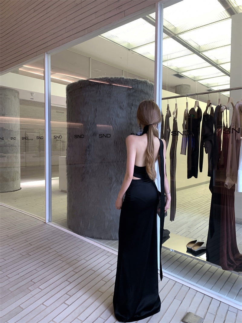 New Fashion Sheath Halter Neck 2-Piece Set Maxi Dress Sexy Cutout Sequinis Backless Black Long Dress AP3308