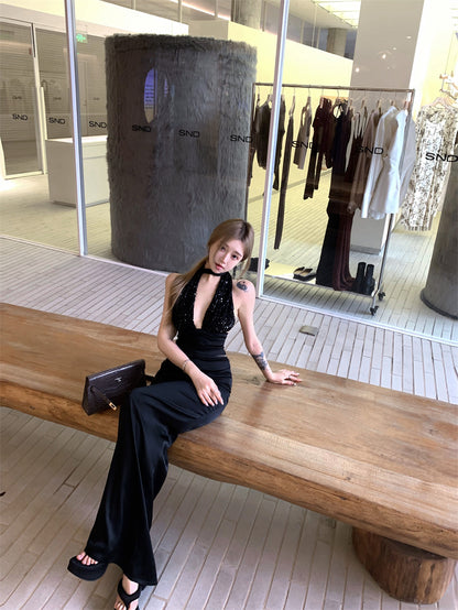 New Fashion Sheath Halter Neck 2-Piece Set Maxi Dress Sexy Cutout Sequinis Backless Black Long Dress AP3308