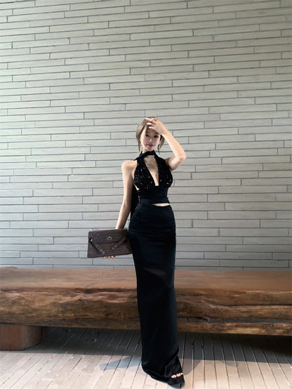 New Fashion Sheath Halter Neck 2-Piece Set Maxi Dress Sexy Cutout Sequinis Backless Black Long Dress AP3308