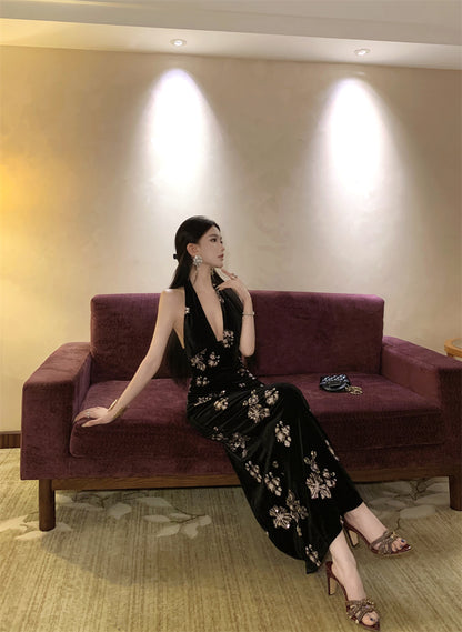 Sexy Deep V Neck Velvet Sheath Backless Maxi Dress Vintage Evening Parties Sequins Black Long Dress AP3309