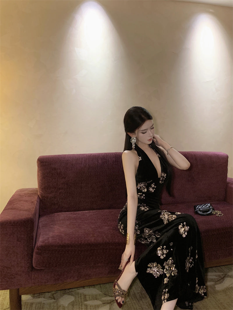 Sexy Deep V Neck Velvet Sheath Backless Maxi Dress Vintage Evening Parties Sequins Black Long Dress AP3309