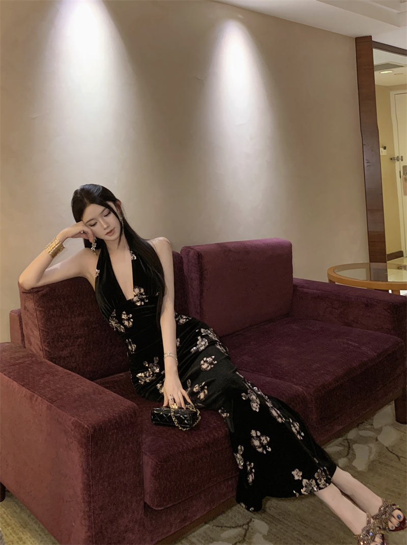 Sexy Deep V Neck Velvet Sheath Backless Maxi Dress Vintage Evening Parties Sequins Black Long Dress AP3309