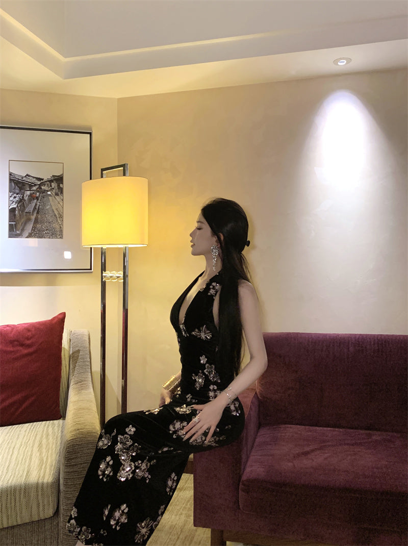 Sexy Deep V Neck Velvet Sheath Backless Maxi Dress Vintage Evening Parties Sequins Black Long Dress AP3309