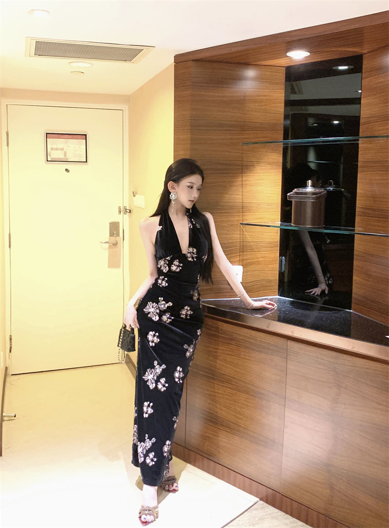 Sexy Deep V Neck Velvet Sheath Backless Maxi Dress Vintage Evening Parties Sequins Black Long Dress AP3309