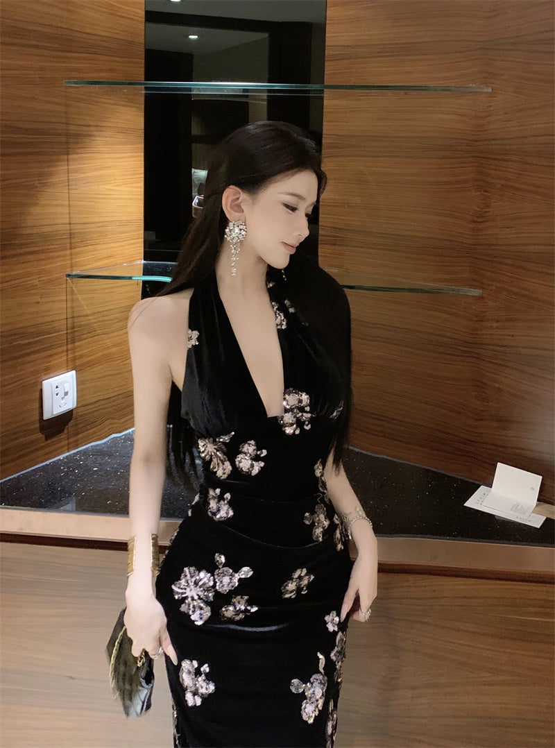 Sexy Deep V Neck Velvet Sheath Backless Maxi Dress Vintage Evening Parties Sequins Black Long Dress AP3309