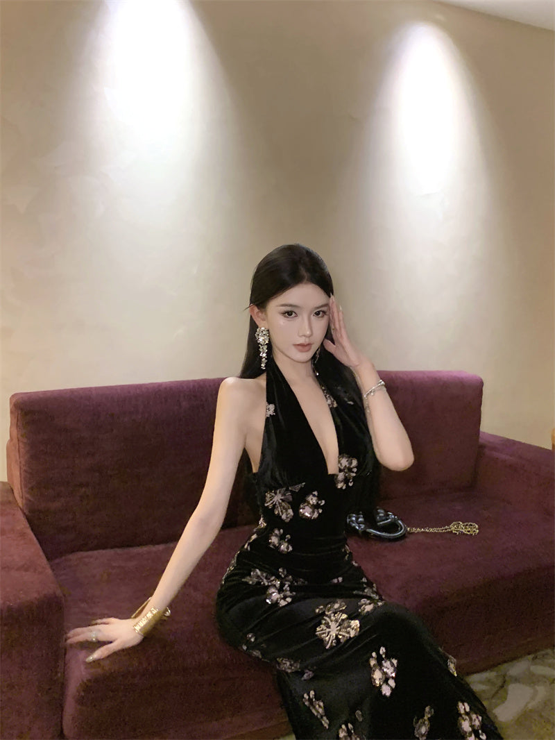 Sexy Deep V Neck Velvet Sheath Backless Maxi Dress Vintage Evening Parties Sequins Black Long Dress AP3309