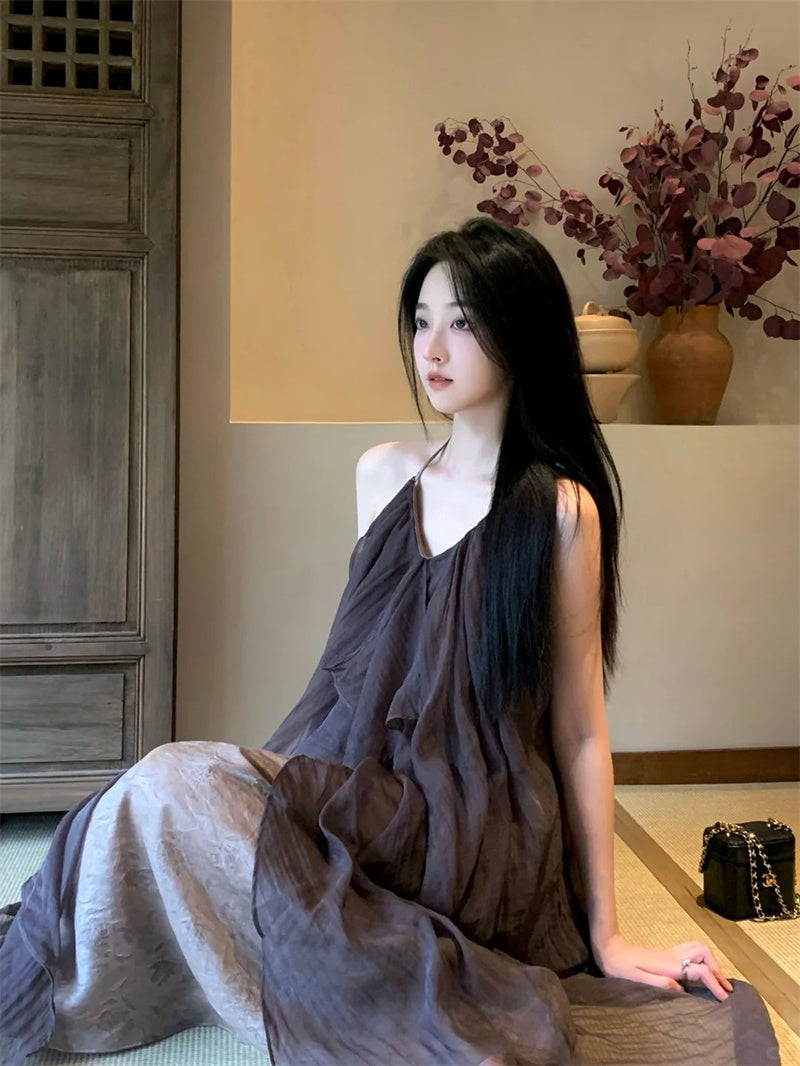 Unique Halter Neck A-Line Flowy Maxi Dress Vintage Floral Print Tulle Overlay Backless Long Dress AP3310