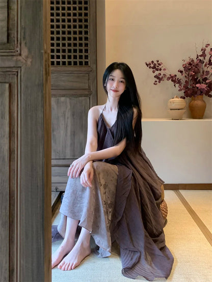 Unique Halter Neck A-Line Flowy Maxi Dress Vintage Floral Print Tulle Overlay Backless Long Dress AP3310