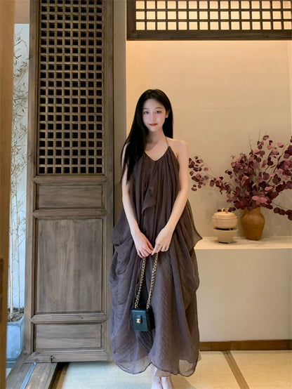 Unique Halter Neck A-Line Flowy Maxi Dress Vintage Floral Print Tulle Overlay Backless Long Dress AP3310