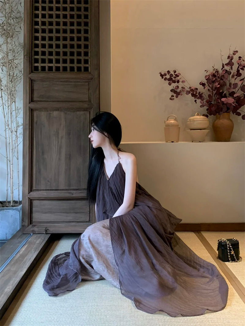 Unique Halter Neck A-Line Flowy Maxi Dress Vintage Floral Print Tulle Overlay Backless Long Dress AP3310