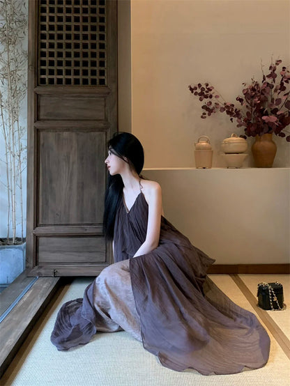 Unique Halter Neck A-Line Flowy Maxi Dress Vintage Floral Print Tulle Overlay Backless Long Dress AP3310