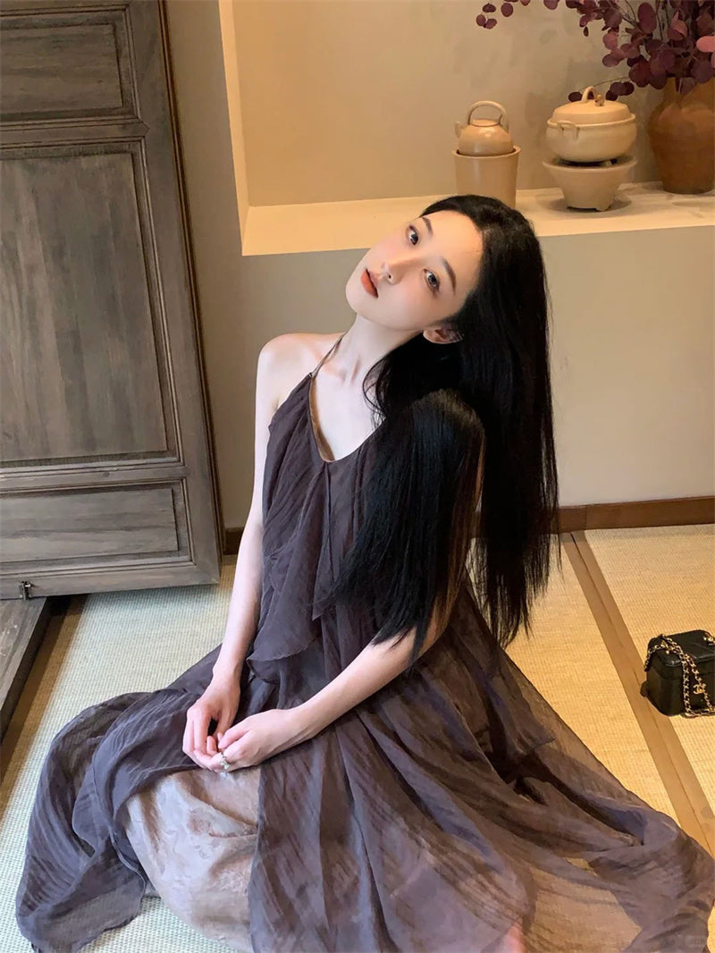 Unique Halter Neck A-Line Flowy Maxi Dress Vintage Floral Print Tulle Overlay Backless Long Dress AP3310