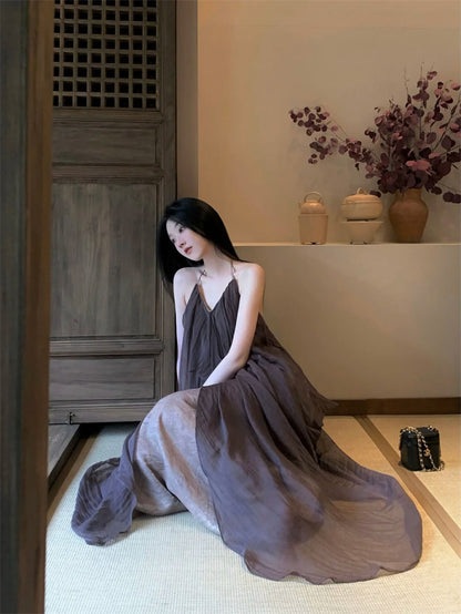 Unique Halter Neck A-Line Flowy Maxi Dress Vintage Floral Print Tulle Overlay Backless Long Dress AP3310