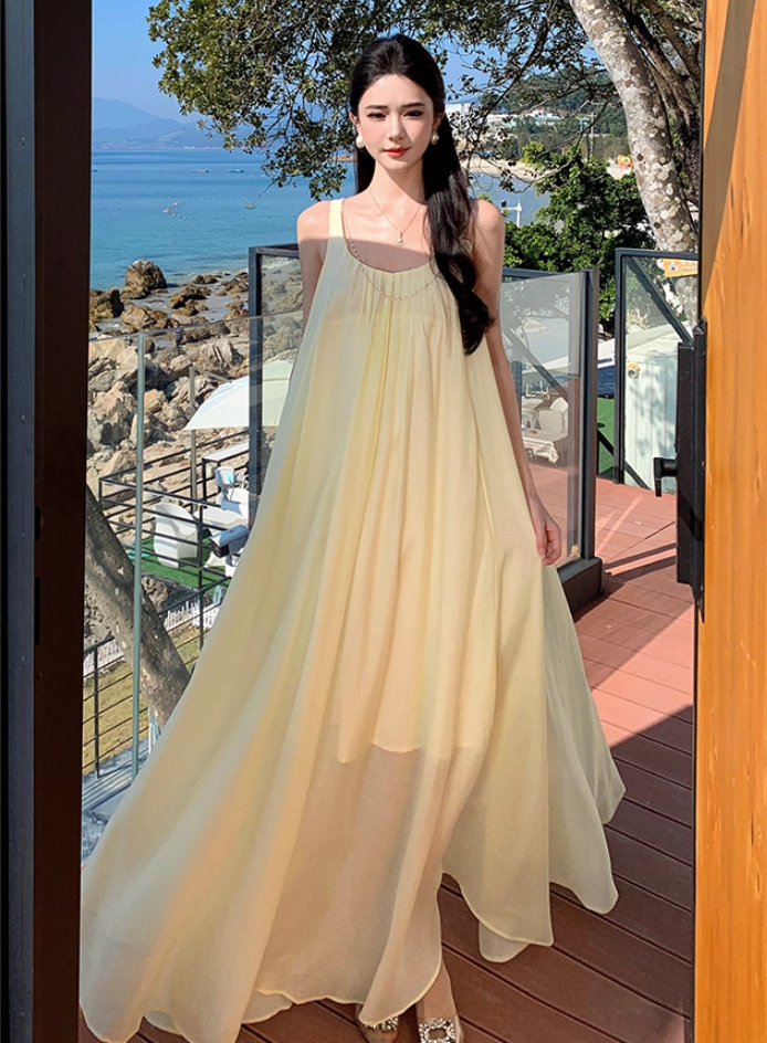 Vibrant Flowy Spaghetti Strap A-Line Maxi Dress Dopamine Style Double Layers 3D Floral Beading Long Dress AP3311