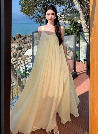 Vibrant Flowy Spaghetti Strap A-Line Maxi Dress Dopamine Style Double Layers 3D Floral Beading Long Dress AP3311