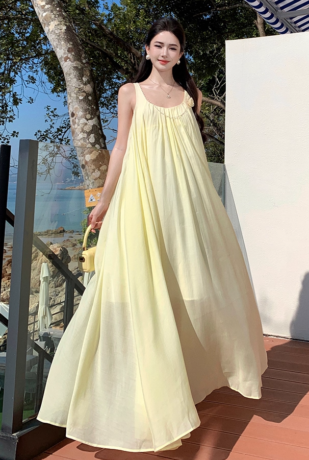 Vibrant Flowy Spaghetti Strap A-Line Maxi Dress Dopamine Style Double Layers 3D Floral Beading Long Dress AP3311