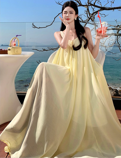 Vibrant Flowy Spaghetti Strap A-Line Maxi Dress Dopamine Style Double Layers 3D Floral Beading Long Dress AP3311