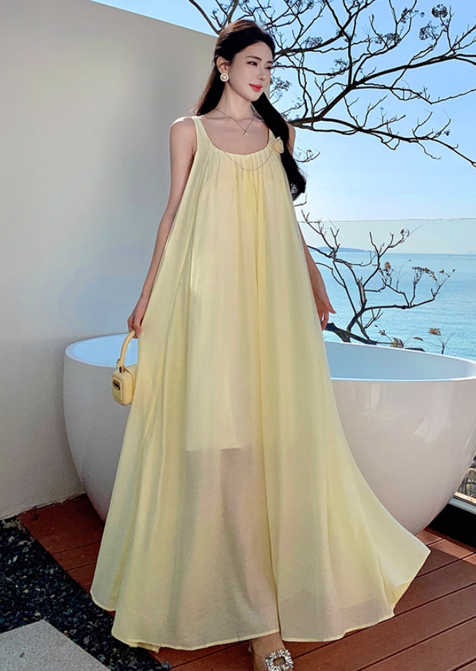 Vibrant Flowy Spaghetti Strap A-Line Maxi Dress Dopamine Style Double Layers 3D Floral Beading Long Dress AP3311