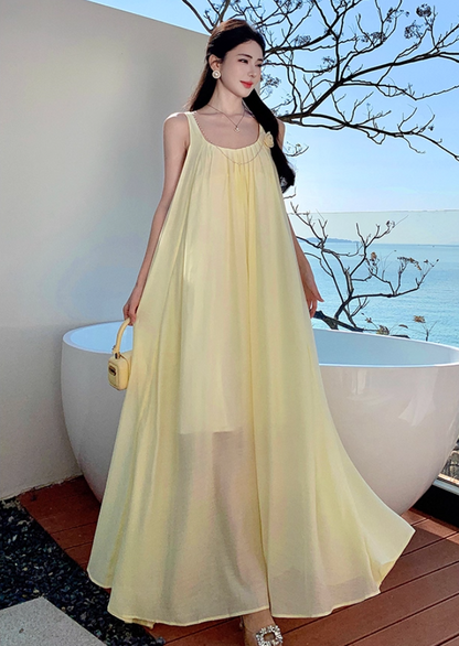 Vibrant Flowy Spaghetti Strap A-Line Maxi Dress Dopamine Style Double Layers 3D Floral Beading Long Dress AP3311