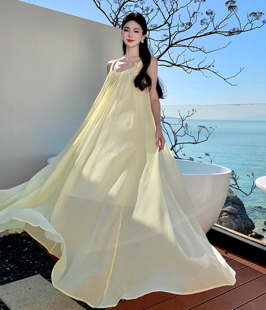 Vibrant Flowy Spaghetti Strap A-Line Maxi Dress Dopamine Style Double Layers 3D Floral Beading Long Dress AP3311