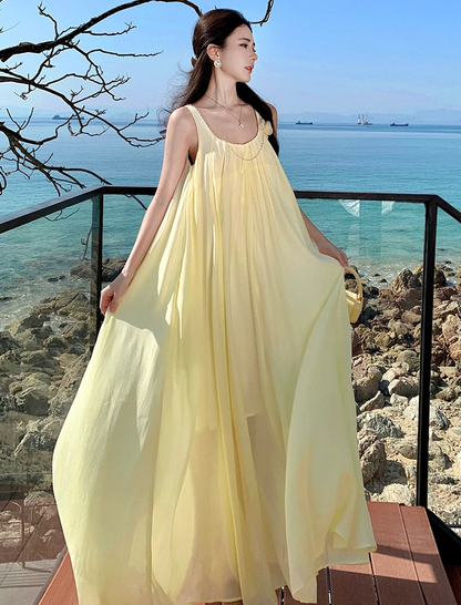 Vibrant Flowy Spaghetti Strap A-Line Maxi Dress Dopamine Style Double Layers 3D Floral Beading Long Dress AP3311