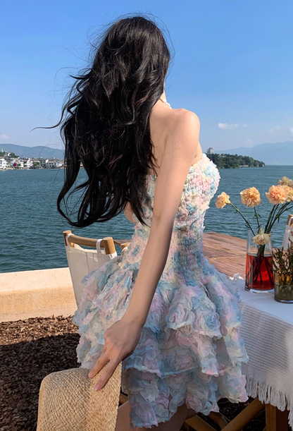 Dopamine Style 3D Floral A-Line Strapless Mini Dress Charming Tiered Ruffles Parties Outfit Short Dress AP3312