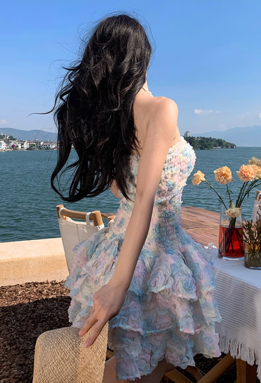 Dopamine Style 3D Floral A-Line Strapless Mini Dress Charming Tiered Ruffles Parties Outfit Short Dress AP3312