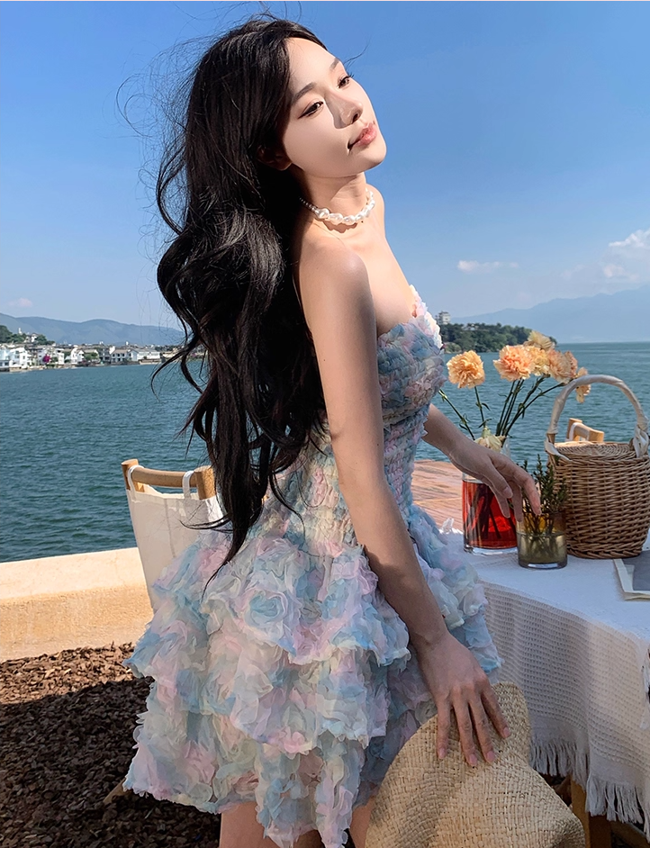 Dopamine Style 3D Floral A-Line Strapless Mini Dress Charming Tiered Ruffles Parties Outfit Short Dress AP3312