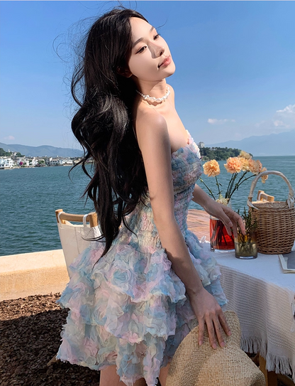 Dopamine Style 3D Floral A-Line Strapless Mini Dress Charming Tiered Ruffles Parties Outfit Short Dress AP3312