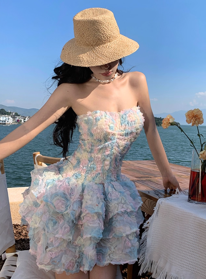 Dopamine Style 3D Floral A-Line Strapless Mini Dress Charming Tiered Ruffles Parties Outfit Short Dress AP3312