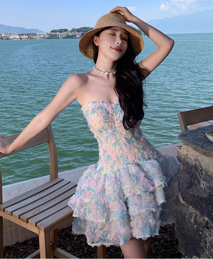 Dopamine Style 3D Floral A-Line Strapless Mini Dress Charming Tiered Ruffles Parties Outfit Short Dress AP3312