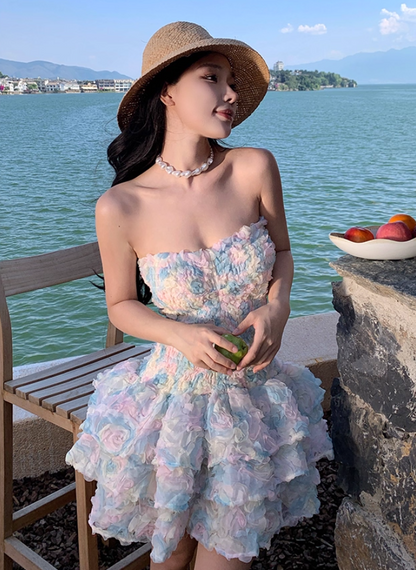 Dopamine Style 3D Floral A-Line Strapless Mini Dress Charming Tiered Ruffles Parties Outfit Short Dress AP3312