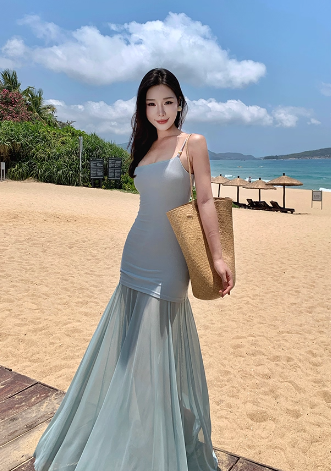 Romantic One Shoulder Sheath Maxi Dress Vacation Outfit Flexible Fabric Flowy Tulle Long Dress AP3313