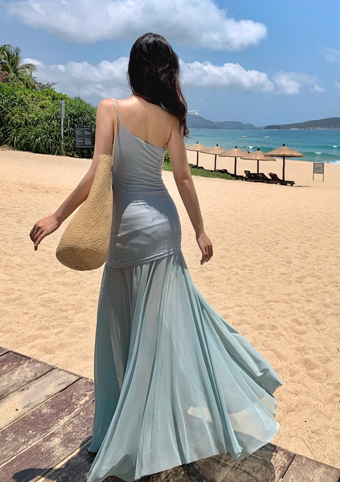 Romantic One Shoulder Sheath Maxi Dress Vacation Outfit Flexible Fabric Flowy Tulle Long Dress AP3313