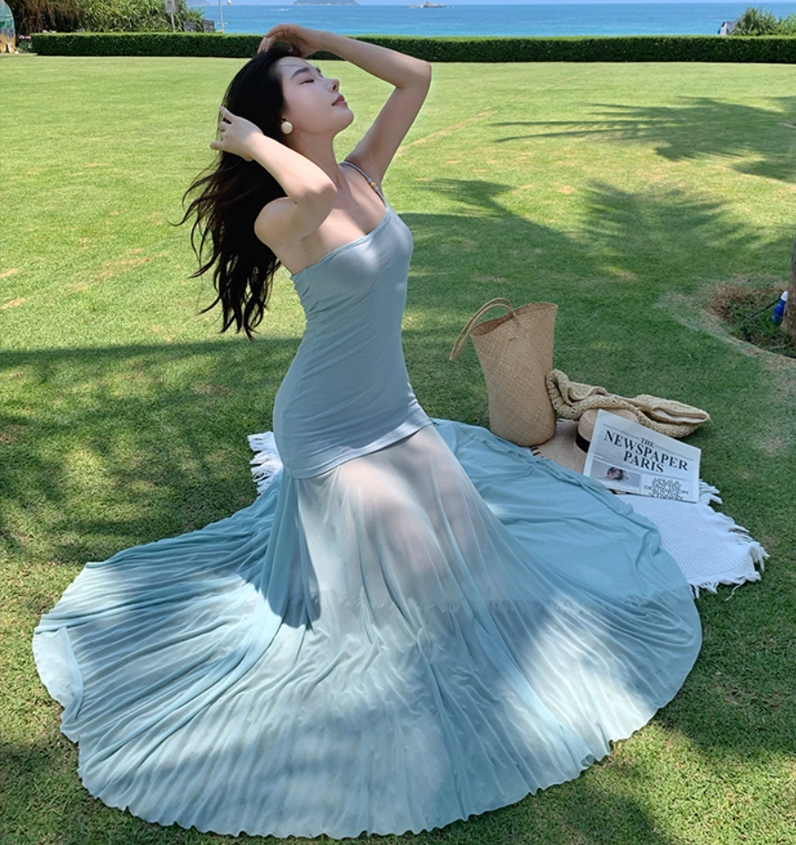 Romantic One Shoulder Sheath Maxi Dress Vacation Outfit Flexible Fabric Flowy Tulle Long Dress AP3313