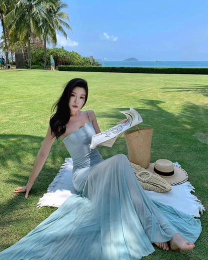 Romantic One Shoulder Sheath Maxi Dress Vacation Outfit Flexible Fabric Flowy Tulle Long Dress AP3313