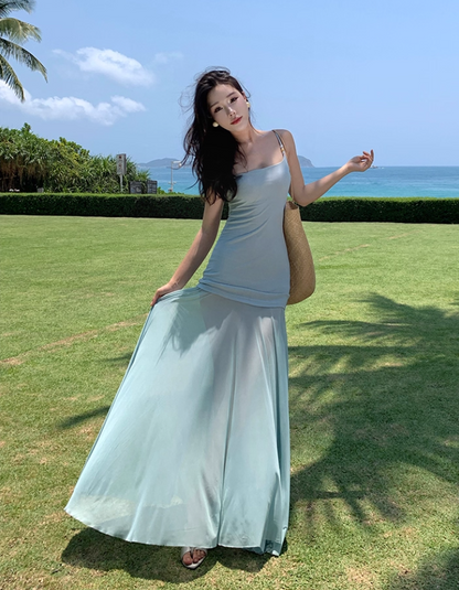 Romantic One Shoulder Sheath Maxi Dress Vacation Outfit Flexible Fabric Flowy Tulle Long Dress AP3313