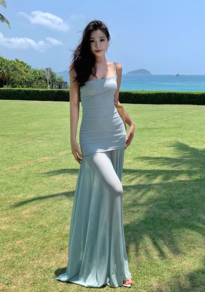 Romantic One Shoulder Sheath Maxi Dress Vacation Outfit Flexible Fabric Flowy Tulle Long Dress AP3313