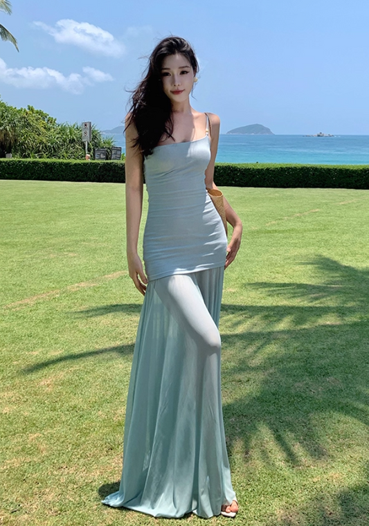 Romantic One Shoulder Sheath Maxi Dress Vacation Outfit Flexible Fabric Flowy Tulle Long Dress AP3313