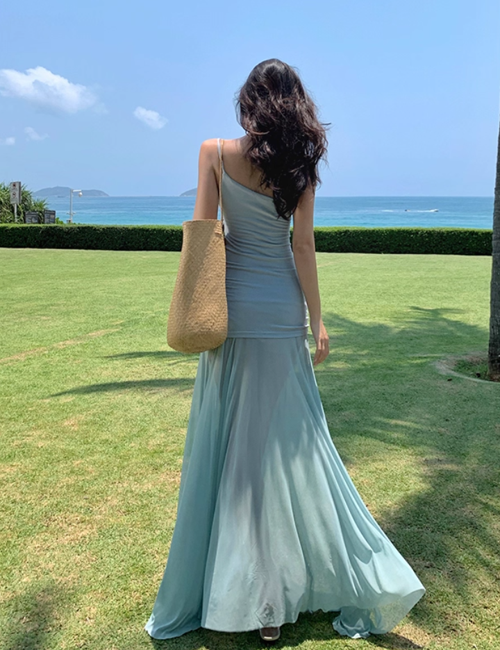 Romantic One Shoulder Sheath Maxi Dress Vacation Outfit Flexible Fabric Flowy Tulle Long Dress AP3313