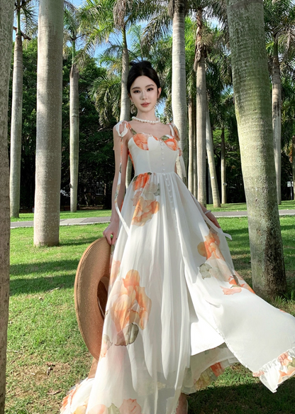 Vigorous Floral Print Spaghetti Strap A-Line Maxi Dress Dreamy Ruffles Hem High Slit Tie-Back Long Dress AP3314