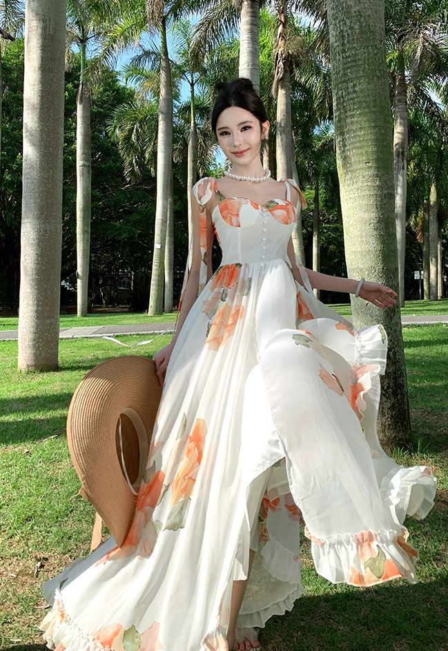 Vigorous Floral Print Spaghetti Strap A-Line Maxi Dress Dreamy Ruffles Hem High Slit Tie-Back Long Dress AP3314