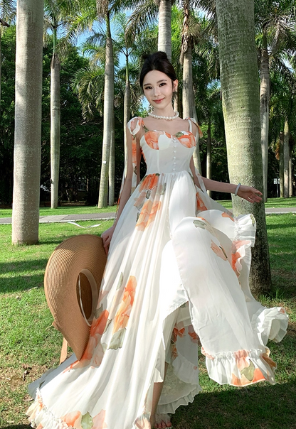 Vigorous Floral Print Spaghetti Strap A-Line Maxi Dress Dreamy Ruffles Hem High Slit Tie-Back Long Dress AP3314