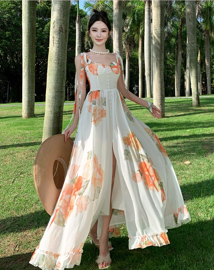 Vigorous Floral Print Spaghetti Strap A-Line Maxi Dress Dreamy Ruffles Hem High Slit Tie-Back Long Dress AP3314