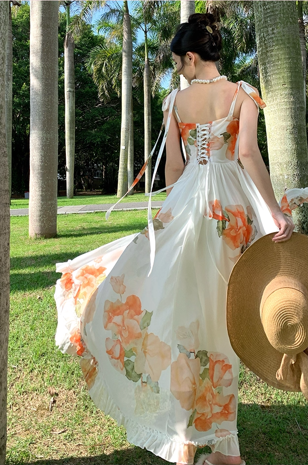 Vigorous Floral Print Spaghetti Strap A-Line Maxi Dress Dreamy Ruffles Hem High Slit Tie-Back Long Dress AP3314