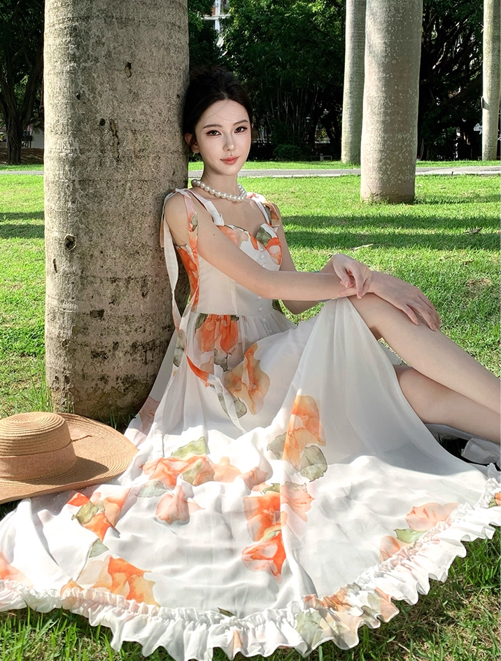 Vigorous Floral Print Spaghetti Strap A-Line Maxi Dress Dreamy Ruffles Hem High Slit Tie-Back Long Dress AP3314