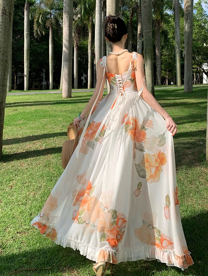 Vigorous Floral Print Spaghetti Strap A-Line Maxi Dress Dreamy Ruffles Hem High Slit Tie-Back Long Dress AP3314