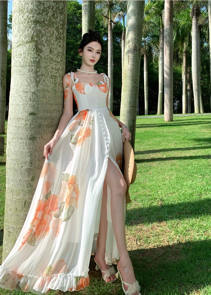 Vigorous Floral Print Spaghetti Strap A-Line Maxi Dress Dreamy Ruffles Hem High Slit Tie-Back Long Dress AP3314