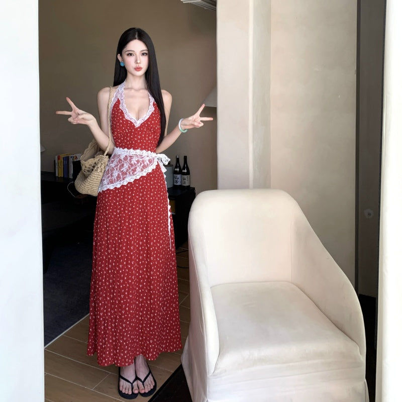 Hot Girls Halter Neck A-Line Red Maxi Dress Charming Lace Trim Polka Dots Long Dress AP3315